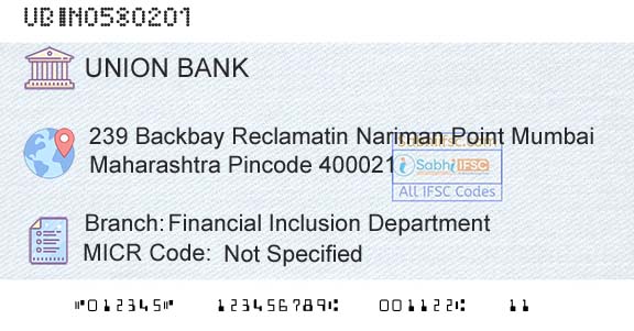 Union Bank Of India Financial Inclusion DepartmentBranch 