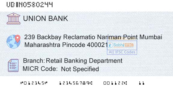 Union Bank Of India Retail Banking DepartmentBranch 