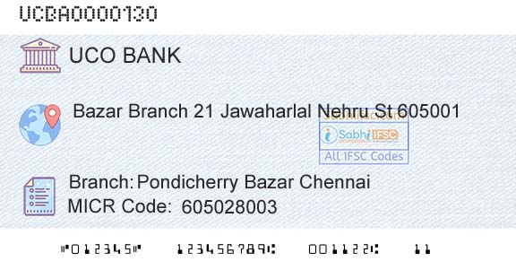 Uco Bank Pondicherry Bazar ChennaiBranch 