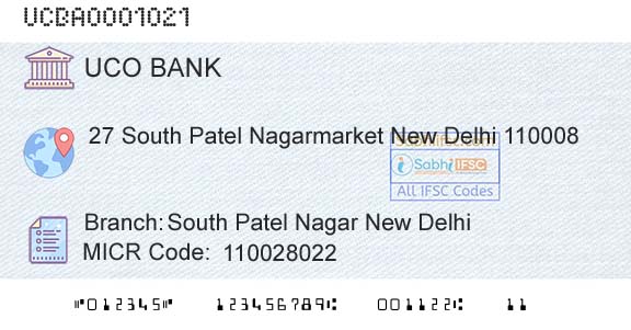 Uco Bank South Patel Nagar New DelhiBranch 