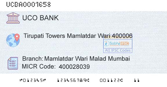 Uco Bank Mamlatdar Wari Malad MumbaiBranch 
