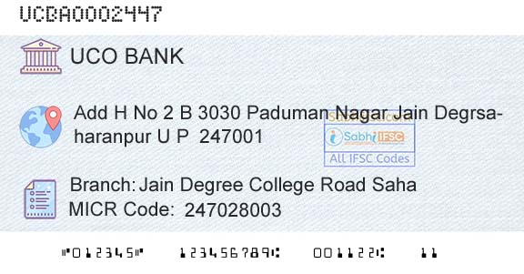 Uco Bank Jain Degree College Road SahaBranch 