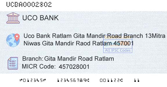 Uco Bank Gita Mandir Road RatlamBranch 