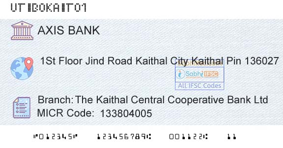 Axis Bank The Kaithal Central Cooperative Bank LtdBranch 