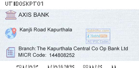 Axis Bank The Kapurthala Central Co Op Bank LtdBranch 