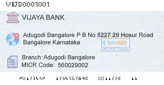 Vijaya Bank Adugodi BangaloreBranch 