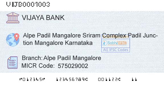 Vijaya Bank Alpe Padil MangaloreBranch 