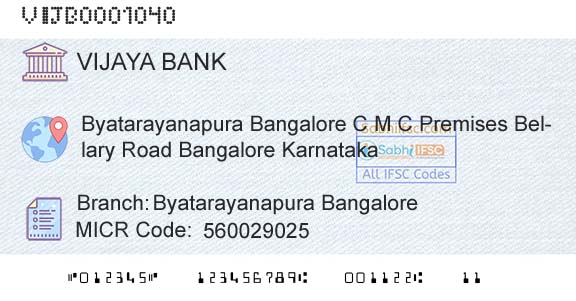 Vijaya Bank Byatarayanapura BangaloreBranch 
