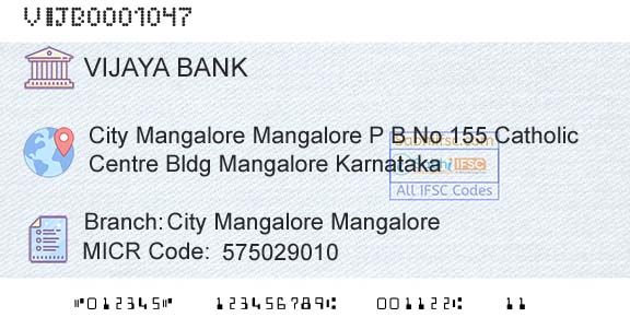 Vijaya Bank City Mangalore MangaloreBranch 