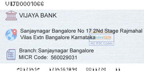 Vijaya Bank Sanjaynagar BangaloreBranch 