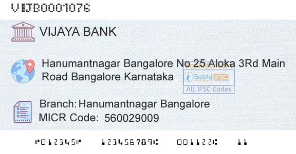 Vijaya Bank Hanumantnagar BangaloreBranch 