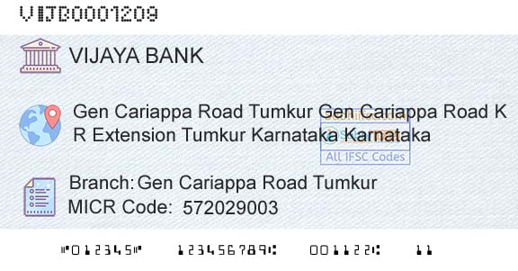 Vijaya Bank Gen Cariappa Road TumkurBranch 