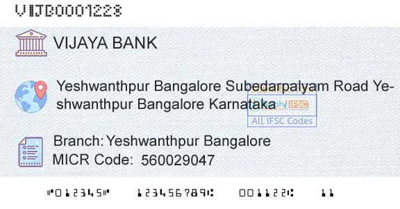 Vijaya Bank Yeshwanthpur BangaloreBranch 