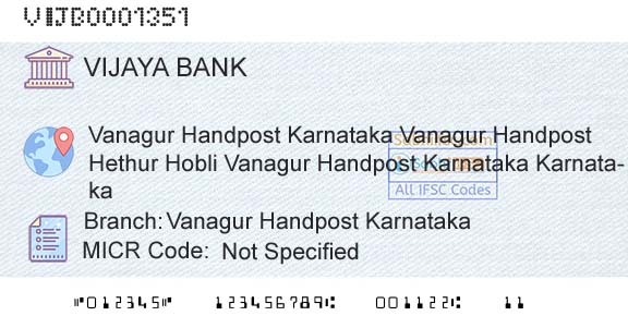 Vijaya Bank Vanagur Handpost KarnatakaBranch 