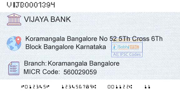 Vijaya Bank Koramangala BangaloreBranch 