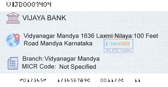 Vijaya Bank Vidyanagar MandyaBranch 