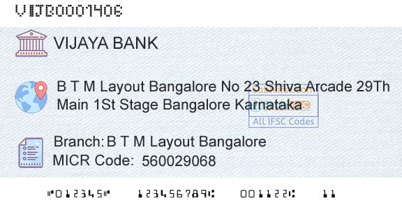 Vijaya Bank B T M Layout BangaloreBranch 
