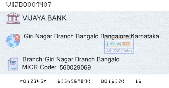 Vijaya Bank Giri Nagar Branch BangaloBranch 
