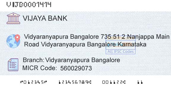 Vijaya Bank Vidyaranyapura BangaloreBranch 