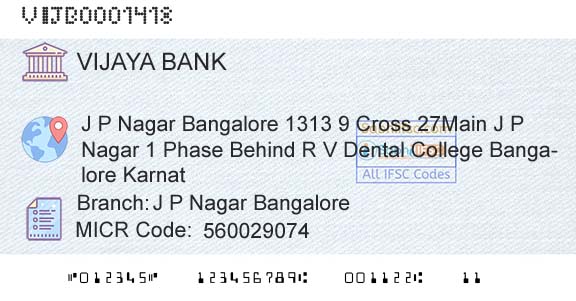 Vijaya Bank J P Nagar BangaloreBranch 