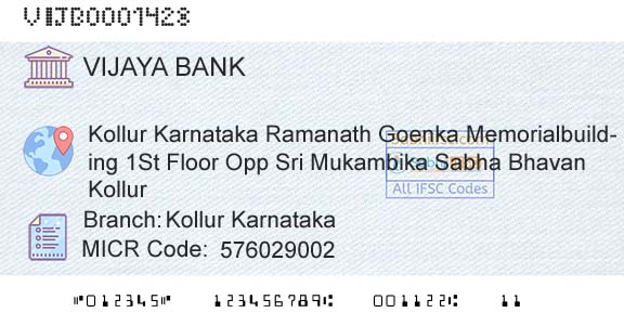 Vijaya Bank Kollur Karnataka Branch 