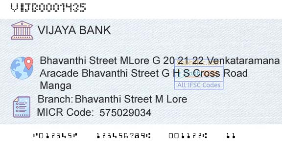 Vijaya Bank Bhavanthi Street M LoreBranch 