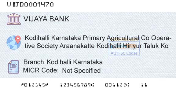 Vijaya Bank Kodihalli KarnatakaBranch 