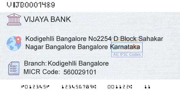 Vijaya Bank Kodigehlli BangaloreBranch 