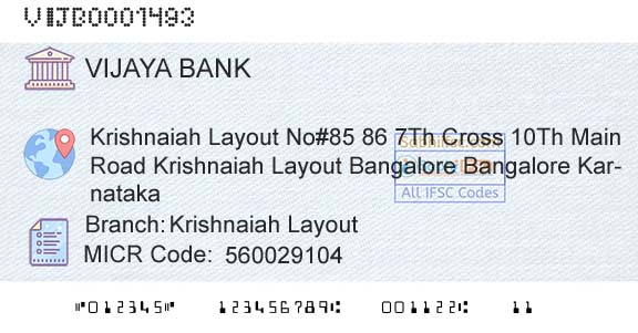 Vijaya Bank Krishnaiah LayoutBranch 