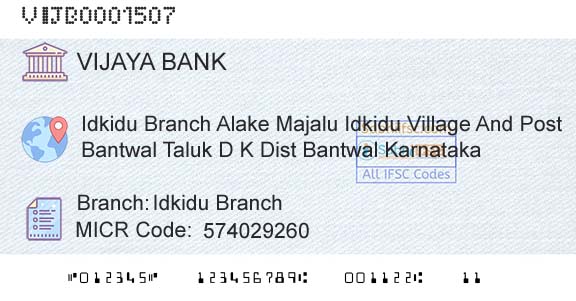 Vijaya Bank Idkidu BranchBranch 