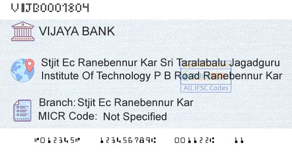 Vijaya Bank Stjit Ec Ranebennur KarBranch 