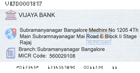 Vijaya Bank Subramanyanagar BangaloreBranch 