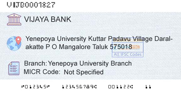 Vijaya Bank Yenepoya University BranchBranch 
