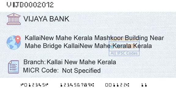 Vijaya Bank Kallai New Mahe KeralaBranch 