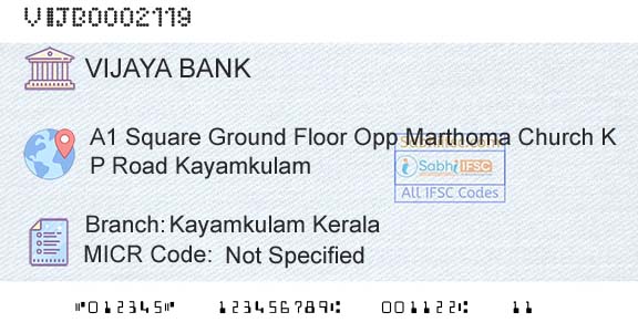 Vijaya Bank Kayamkulam KeralaBranch 