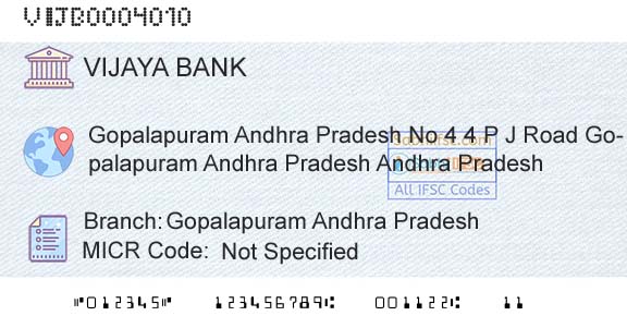 Vijaya Bank Gopalapuram Andhra PradeshBranch 
