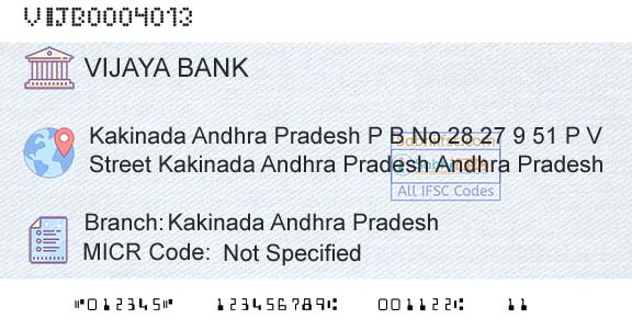 Vijaya Bank Kakinada Andhra PradeshBranch 