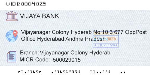 Vijaya Bank Vijayanagar Colony HyderabBranch 