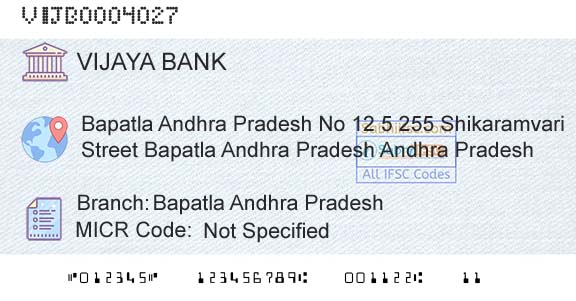 Vijaya Bank Bapatla Andhra PradeshBranch 