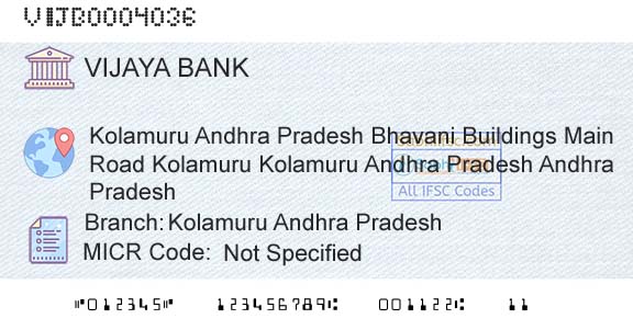 Vijaya Bank Kolamuru Andhra PradeshBranch 