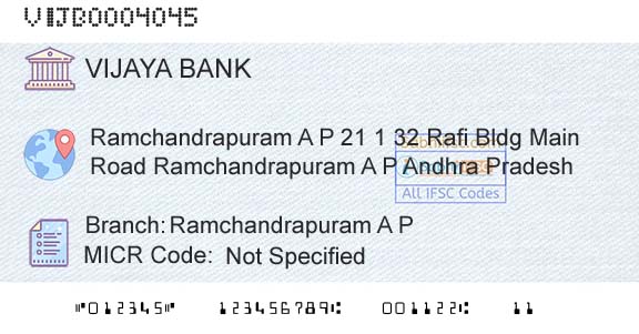 Vijaya Bank Ramchandrapuram A PBranch 