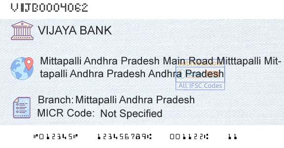 Vijaya Bank Mittapalli Andhra PradeshBranch 