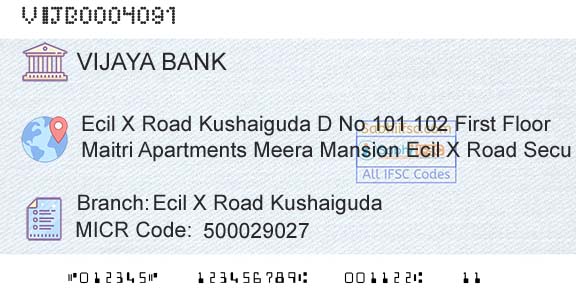 Vijaya Bank Ecil X Road Kushaiguda Branch 