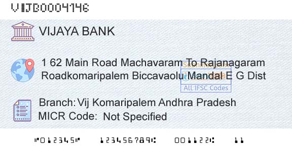 Vijaya Bank Vij Komaripalem Andhra PradeshBranch 