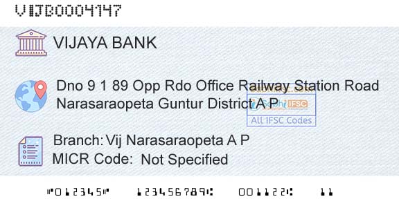 Vijaya Bank Vij Narasaraopeta A P Branch 