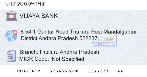 Vijaya Bank Thulluru Andhra PradeshBranch 