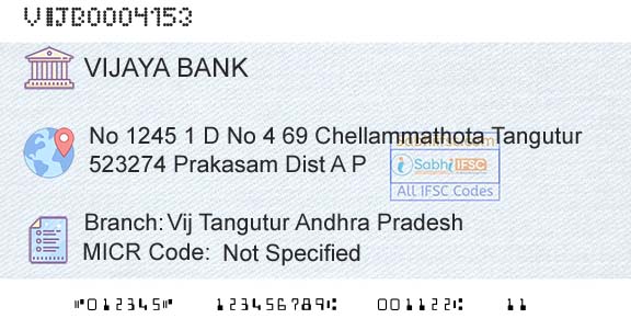 Vijaya Bank Vij Tangutur Andhra PradeshBranch 