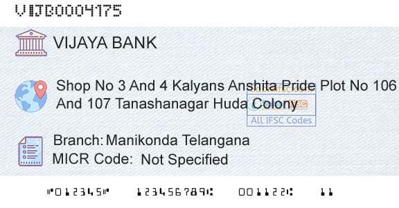 Vijaya Bank Manikonda TelanganaBranch 