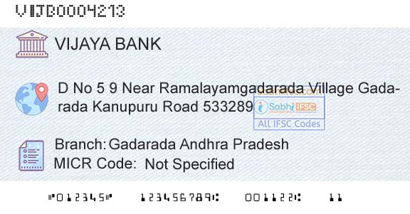 Vijaya Bank Gadarada Andhra PradeshBranch 