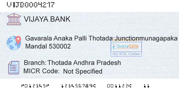 Vijaya Bank Thotada Andhra PradeshBranch 